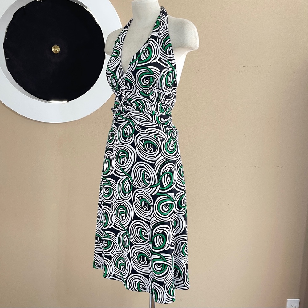 Abstract Print Halter Dress with Cinched Bust & A-Line Skirt — Machine Washable, - Picture 5 of 12